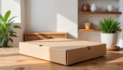 Fototapeta premium Cardboard box on wooden table in modern interior setting
