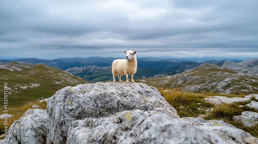 Poster lone sheep standing gracefully on a rocky outcrop with mountains and cloudy sky in the background : 