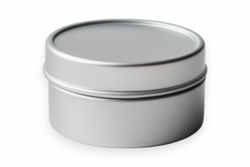 Round metal tin container isolated. A silver aluminum storage tin with a secure lid, ideal for cosmetics, balms, or small items. AI generated.  .