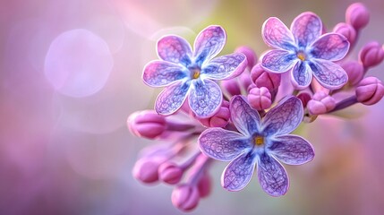 Naklejka premium Delicate pink and blue flowers bloom beautifully, radiating a soft, dreamy ambiance with blurred backgrounds enhancing their charm.
