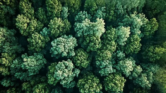 Aerial view of lush green forest canopy showcasing diverse tree species and vibrant foliage