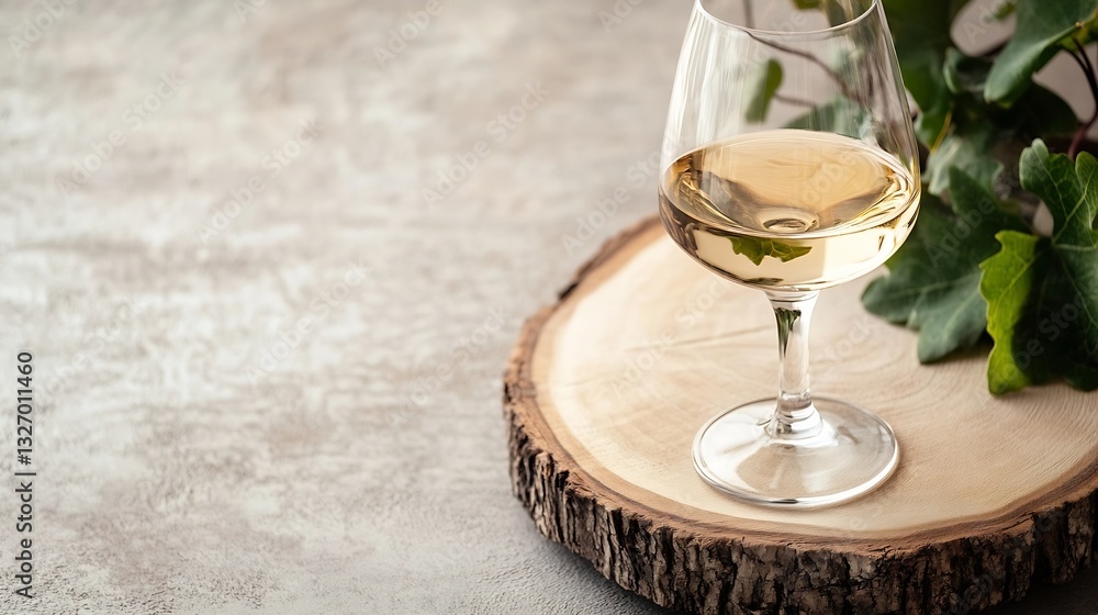 Poster elegant glass of white wine resting on a rustic wooden slice with greenery in the background : gener