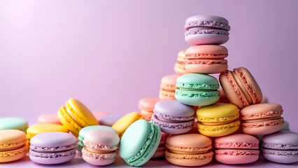 Colorful macarons stacked in a delightful arrangement against a pastel backdrop