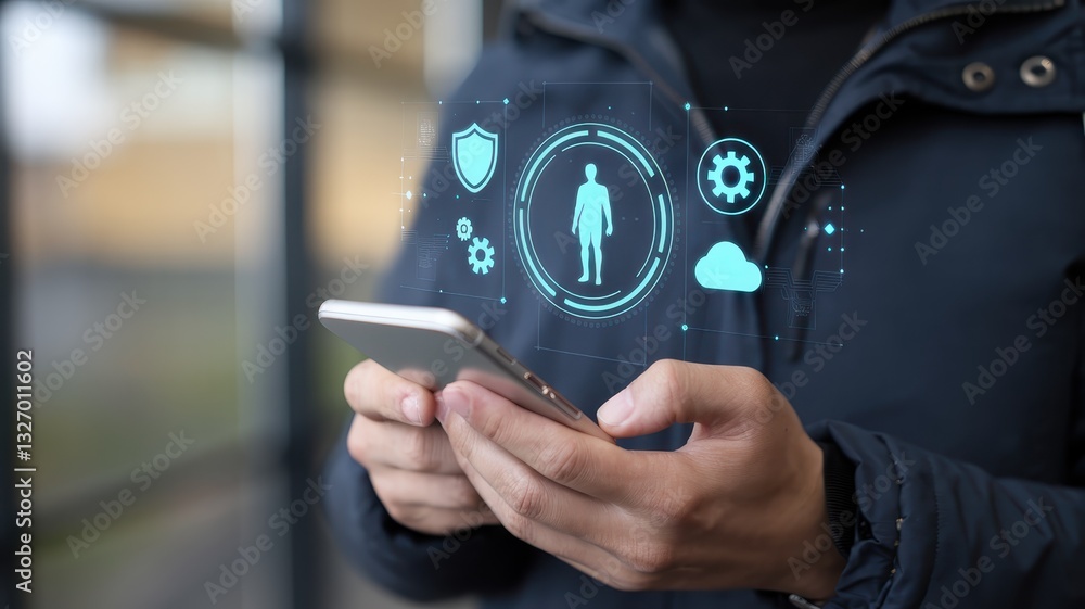 Poster digital health security: person using smartphone app for personal data protection and management
