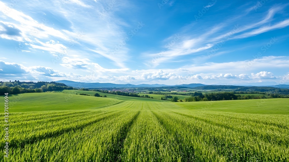 Poster vast green agricultural fields under a bright blue sky with soft clouds in the horizon : generative 