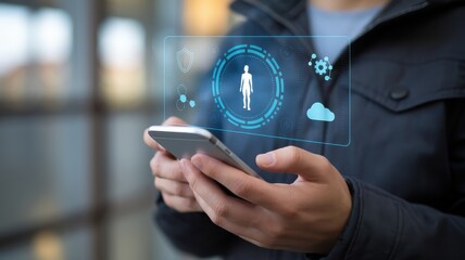 Digital Health Monitoring: Person using a smartphone to access their health data through a futuristic interface.