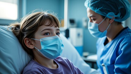 Child Patient Wearing Protective Mask in Hospital Bed with Nurse