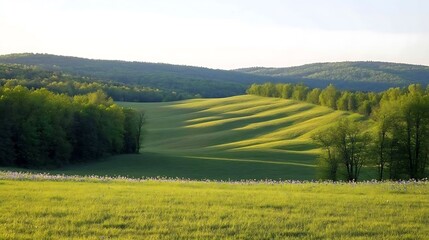 Expansive green field surrounded by majestic trees and rolling hills under a clear blue sky