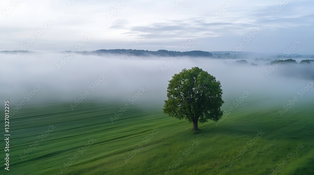 Poster Solitary tree standing in a green field enveloped by fog creating a mystical and serene landscape environment : Generative AI