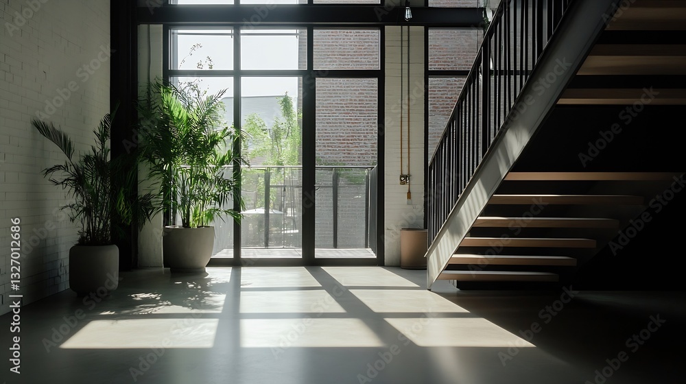 Poster modern interior design featuring bright open space with plants and large windows : generative ai