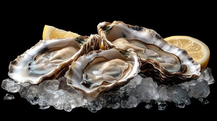 Fresh oysters on ice with lemon, black background, food photography