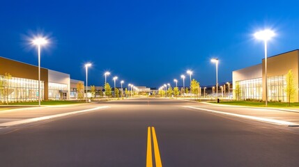 Serene nighttime street view of a modern commercial area with illuminated buildings and trees
