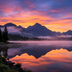 Obraz premium A serene sunrise over a misty mountain range with vibrant colors reflecting off a tranquil lake