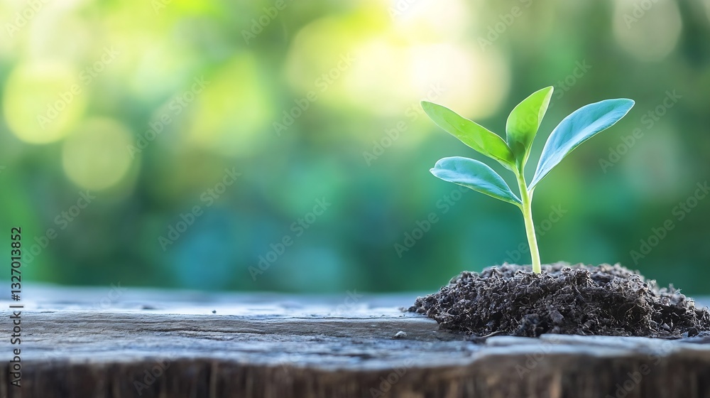 Poster fresh green seedling growing from rich soil against a blurred nature background in spring : generati
