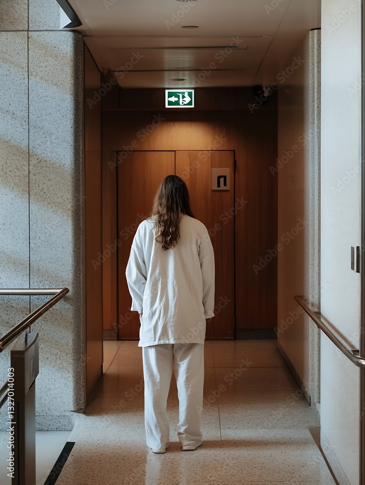 Poster person in white hospital gown standing in front of dimly lit corridor with exit signs : generative a