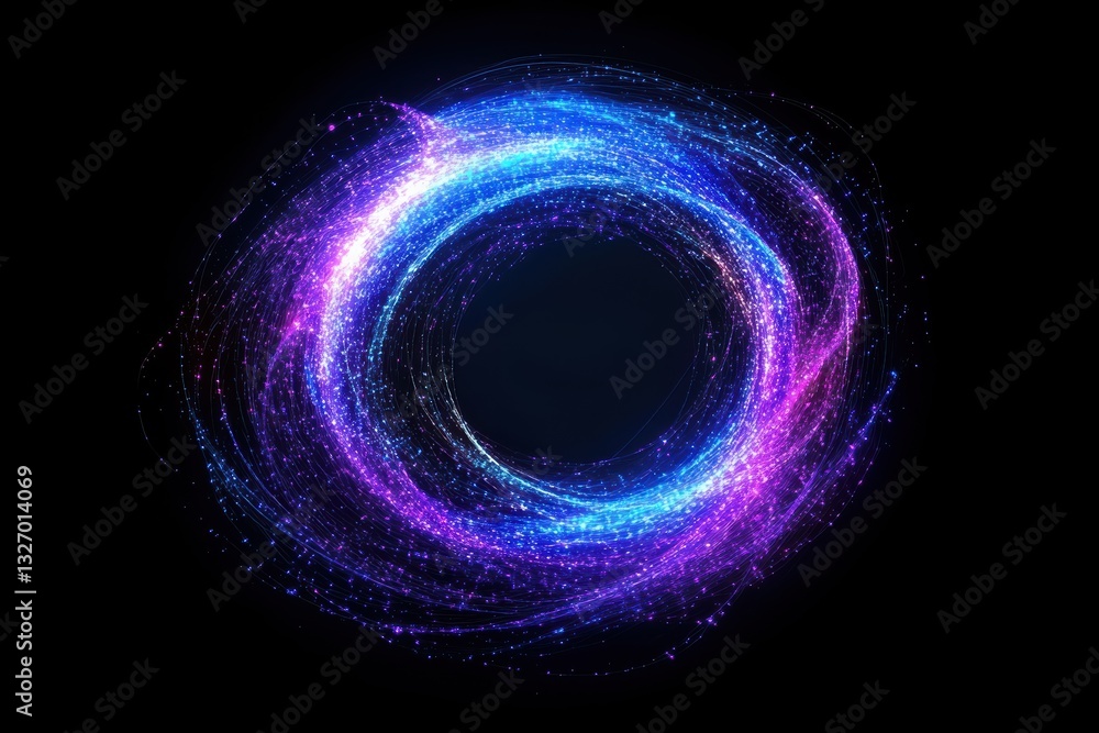 Poster bright digital graphic layout featuring circular neon light patterns on a black background