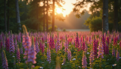 Obraz premium Lush blooming flowers in a sunlit forest field