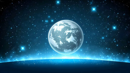 Fototapeta premium Grey and White Planet Above Blue Horizon with Starry Sky