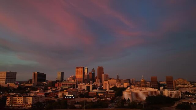Atlanta, United States - 01 February 2025: Aerial view of downtown skyline featuring Westin Peachtree Plaza and Bank of America Plaza at sunset, Atlanta, Georgia, United States.