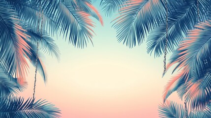 Tropical palm leaves frame, sunset sky, summer design