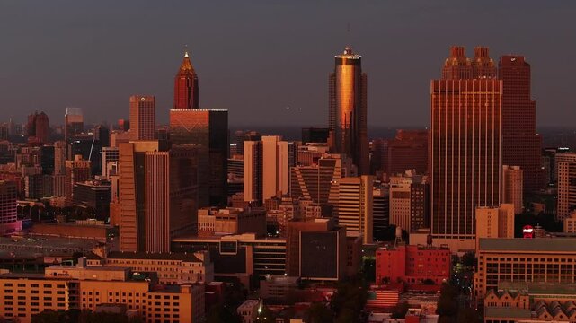 Atlanta, United States - 01 February 2025: Aerial view of downtown atlanta skyline at sunset featuring westin peachtree plaza and bank of america plaza, atlanta, georgia, united states.