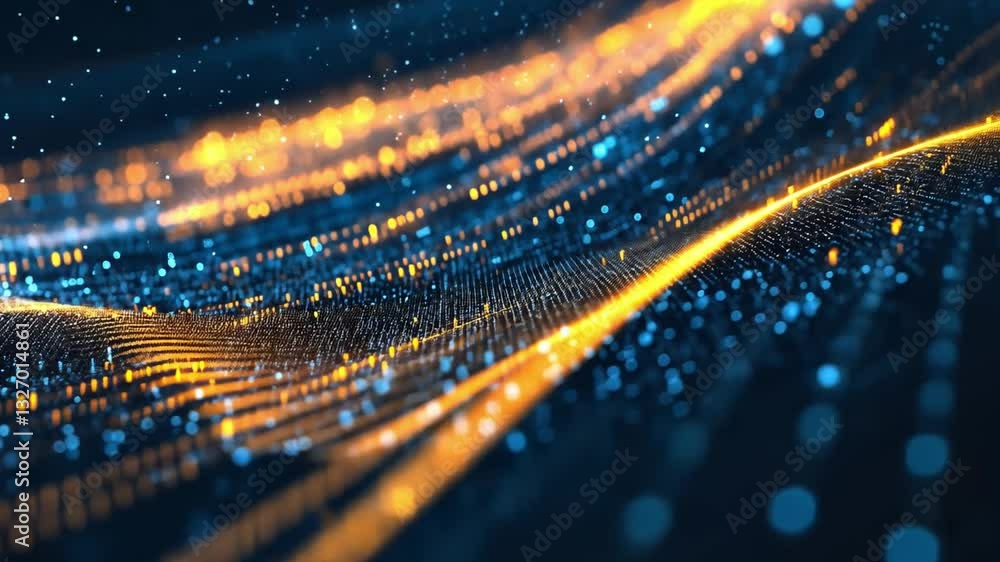 Poster abstract digital background with glowing lines and particles in blue and orange, creating mesmerizin