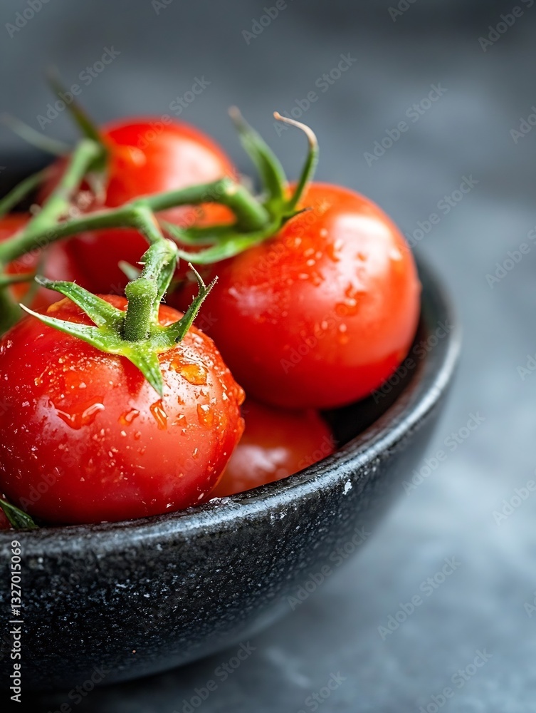 Aufkleber fresh red tomatoes glistening with water droplets in a dark bowl creating a beautiful still life ima