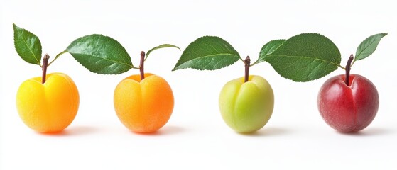 Obraz premium Colorful Plum Progression on White Backdrop Capturing Vibrant Hues and Freshness in a Clean Studio Setting