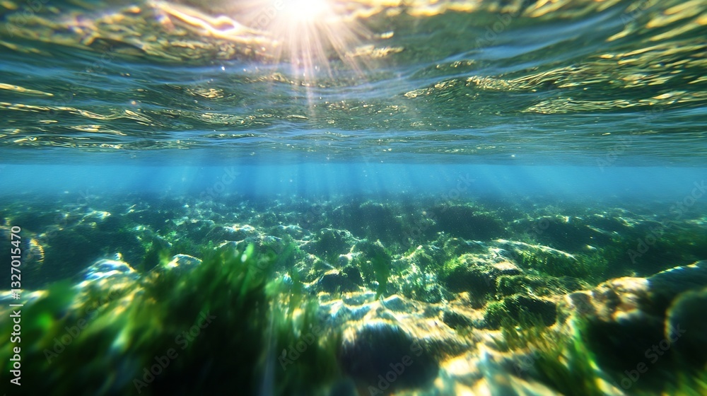 Poster stunning underwater scene showcasing a vibrant aquatic environment with sunlight filtering through c
