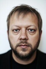 Fototapeta premium A man stares directly at the camera, exhibiting a calm expression. His light stubble and tousled hair contrast against a smooth, neutral backdrop, highlighting his features