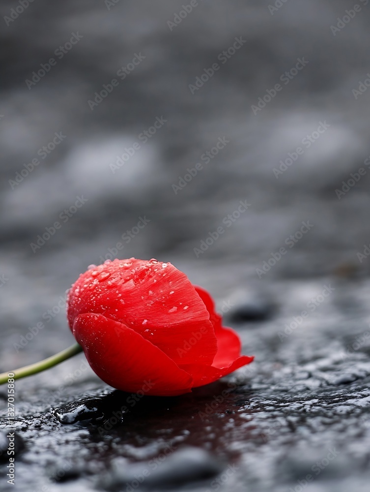Poster Beautiful red tulip with droplets resting on a sleek gray surface creating a stunning contrast in nature's beauty : Generative AI
