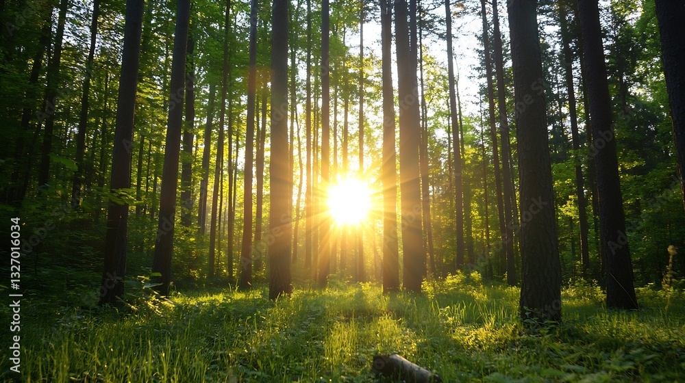 Poster stunning sun rays piercing through a lush green forest creating a serene and magical atmosphere : ge