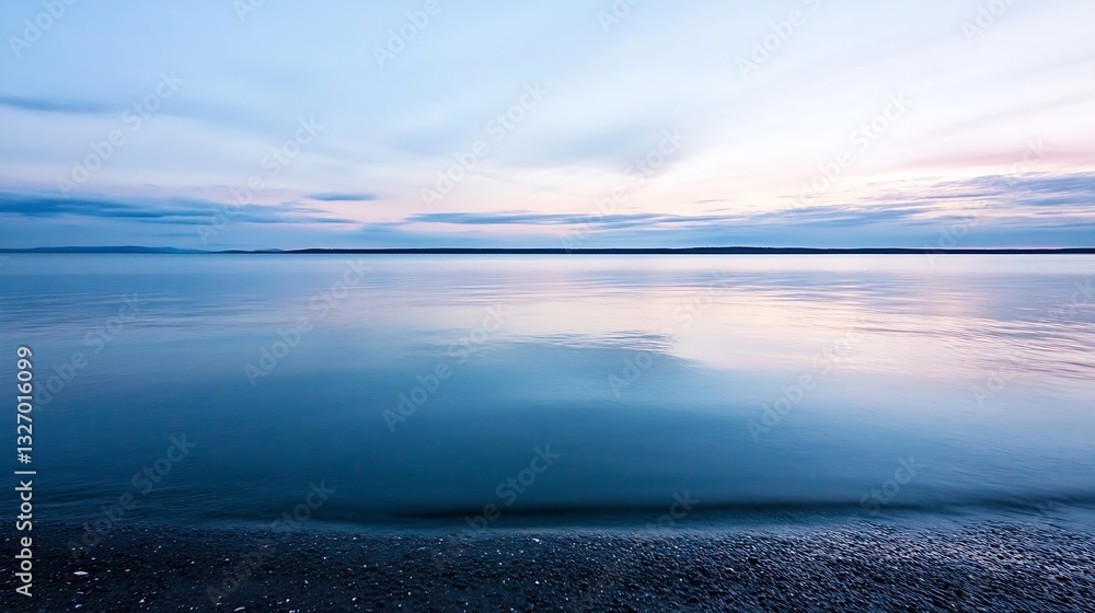 Poster peaceful sunset over calm waters with soft pastel colors reflecting in the lake creating a tranquil 