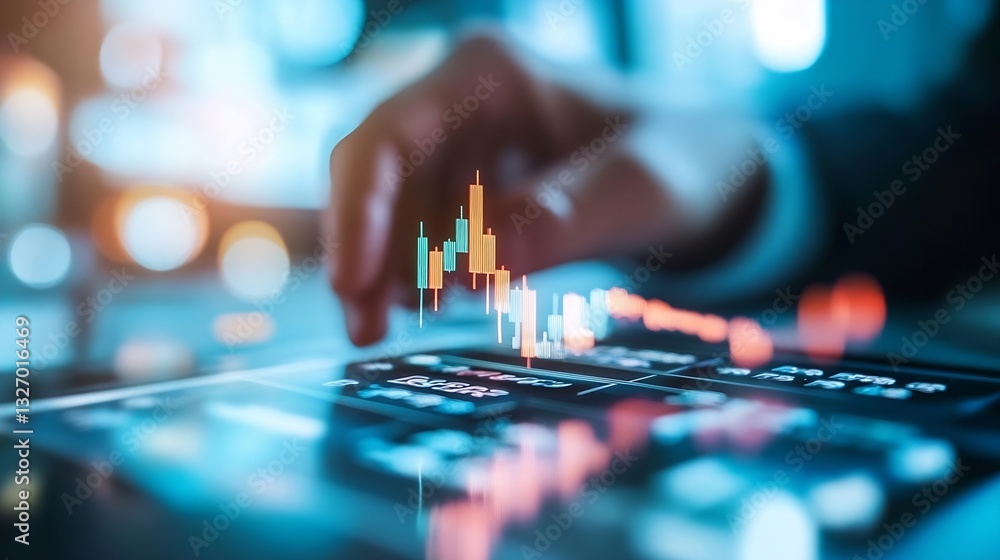 Leinwandbilder hands interacting with futuristic touchscreen displaying stock market data and financial graphs show