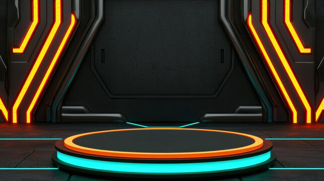 Futuristic podium with glowing neon lights in dark setting, ideal for virtual events