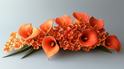 Naklejka premium Orange flowers including orchids and calla lilies arranged on a gray surface in a modern floral display