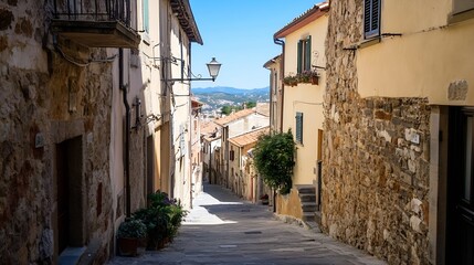 Charming narrow street with historic buildings and beautiful textures in an Italian village under clear blue sky : Generative AI