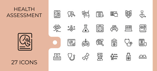Health Checkup icon set. Containing report, care, laboratory, exam, healthy, check, hospital and more. Icons for design. Health line icons. Editable vector stroke.