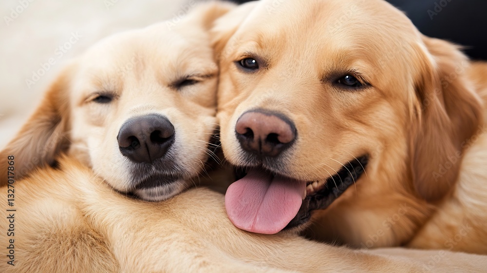 Poster two adorable golden retriever puppies snuggling together on a soft couch : generative ai