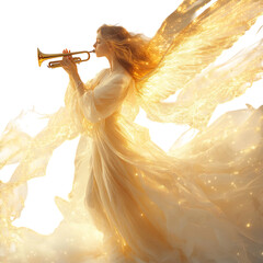 Ethereal Angel Blowing Trumpet Isolated on Transparent Background