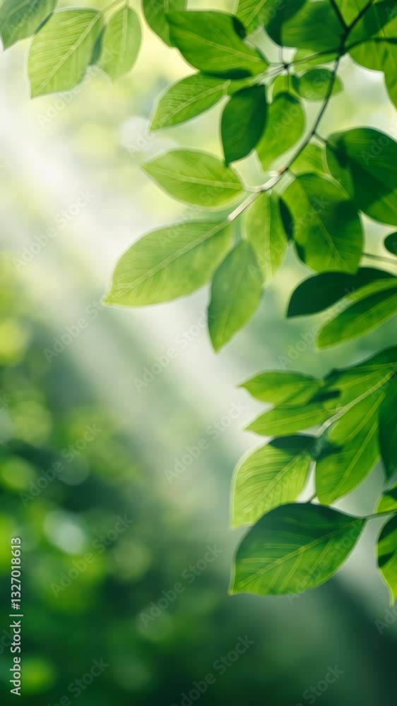 Aufkleber sun rays shining through tree leaves with soft green background in vertical composition for nature a