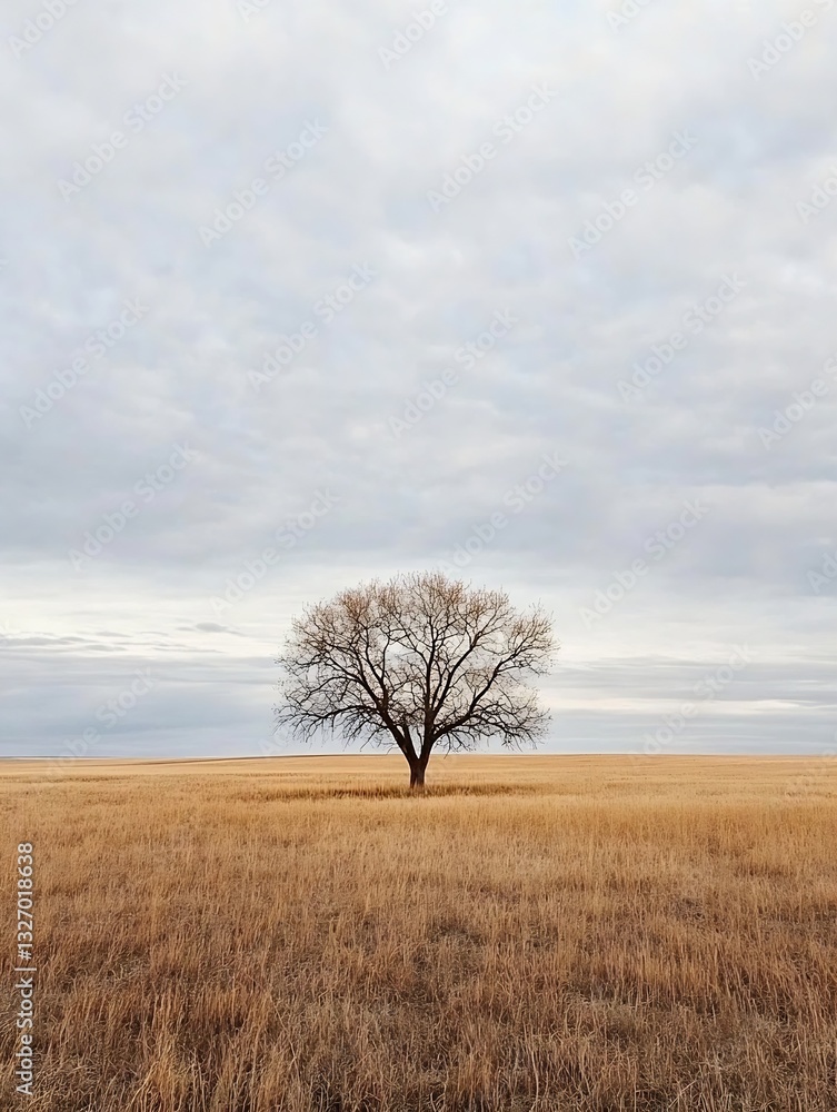 Aufkleber lone tree standing tall in the expansive golden grassland under a cloudy sky : generative ai