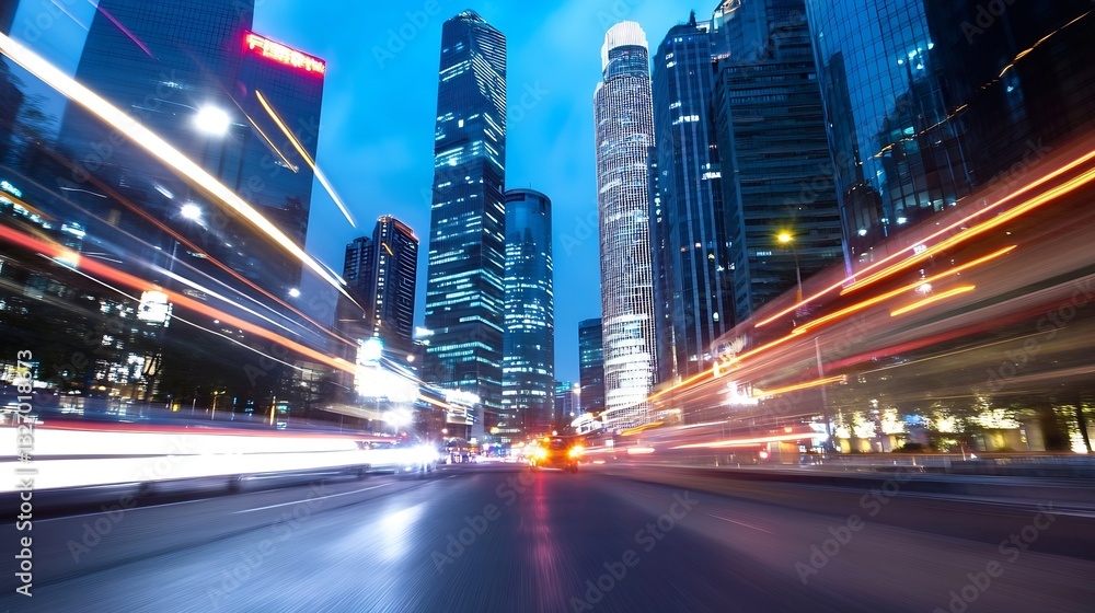 Poster dynamic cityscape featuring blurred lights and skyscrapers in a bustling urban environment at night 