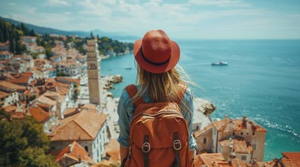 Woman backpacker overlooks coastal town, sea view, summer travel