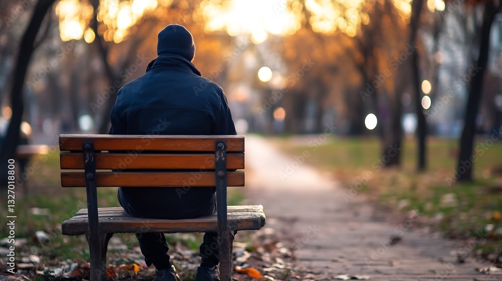 Aufkleber person sitting on a park bench at sunset surrounded by autumn trees conveying solitude and reflectio