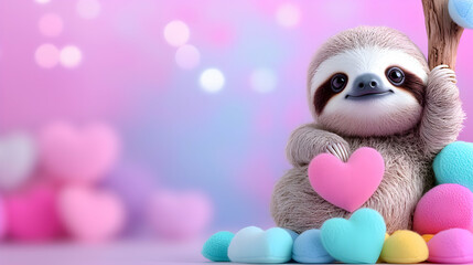 Adorable Baby Sloth with Pastel Hearts Watercolor Clip Art