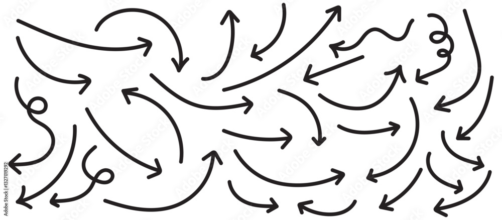 Poster set of simple lines hand drawn black arrows in various style. set of simple of hand drawn black arro