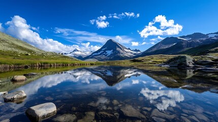 Fototapeta premium Breathtaking mountain landscape reflecting across a calm lake with fluffy clouds in the blue sky : Generative AI