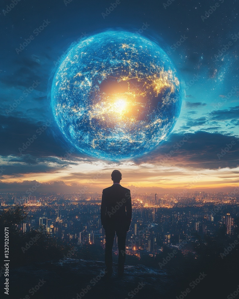 Poster enigmatic silhouette gazes upon a celestial sphere hovering above a sprawling cityscape at twilight 