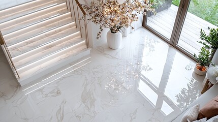 Elegant modern interior with marble floor, stylish staircase, floral arrangement, and natural light